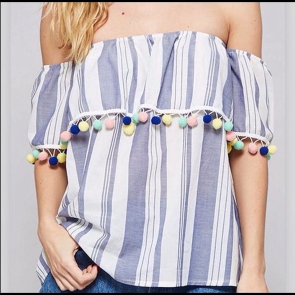 Promesa Navy Striped off the shoulder Pom Pom Top